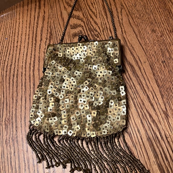 Handbags - Vintage Gold Sequins & Seed Beads Fringed Purse Handbag